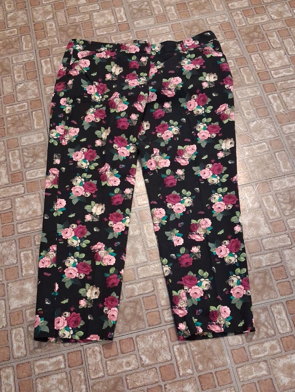 New directions Black Floral Pants with Pink & Green Roses